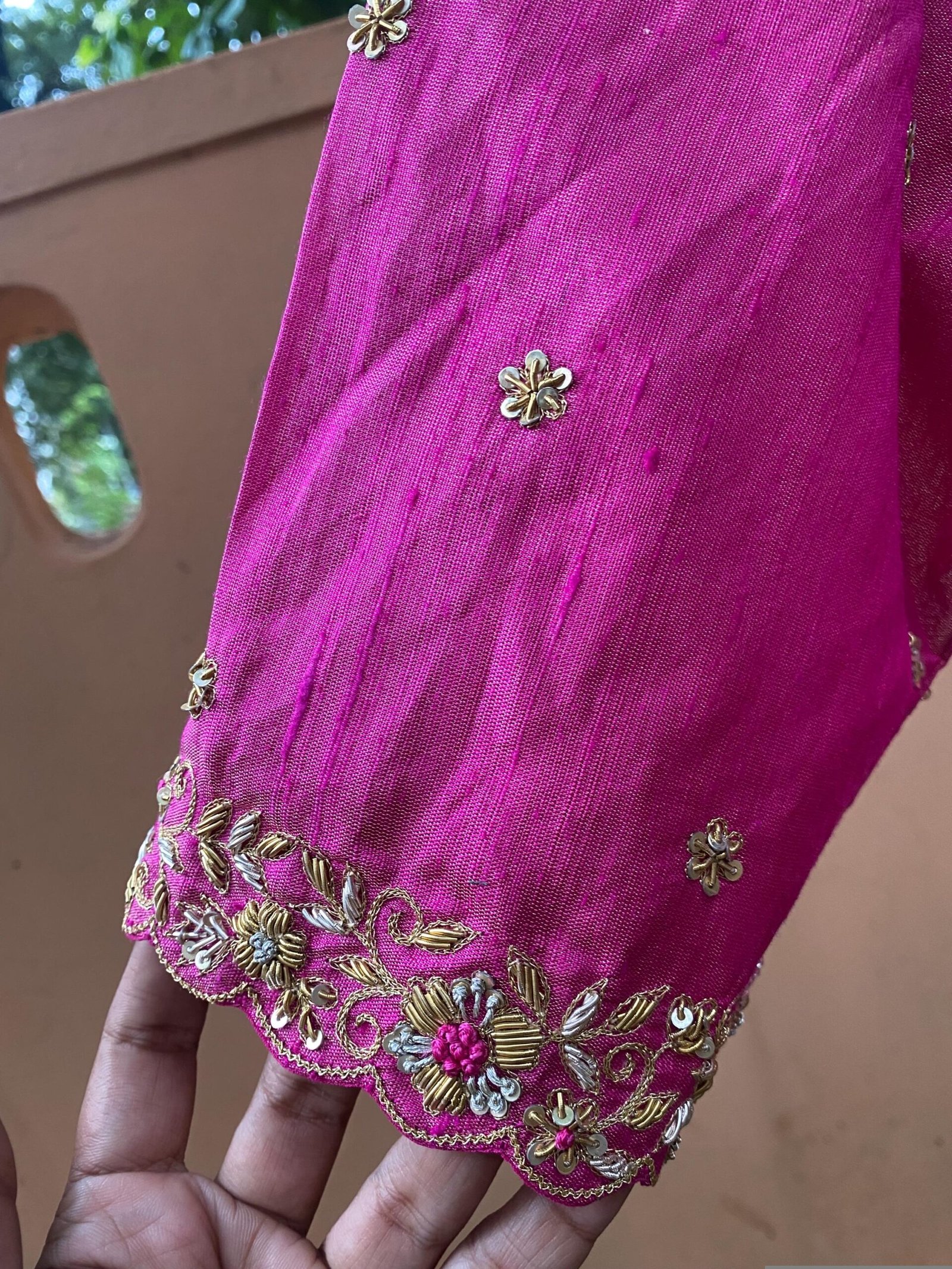Pink Hand Embroidered Silk Blouse: Zardosi Saree Crop Top