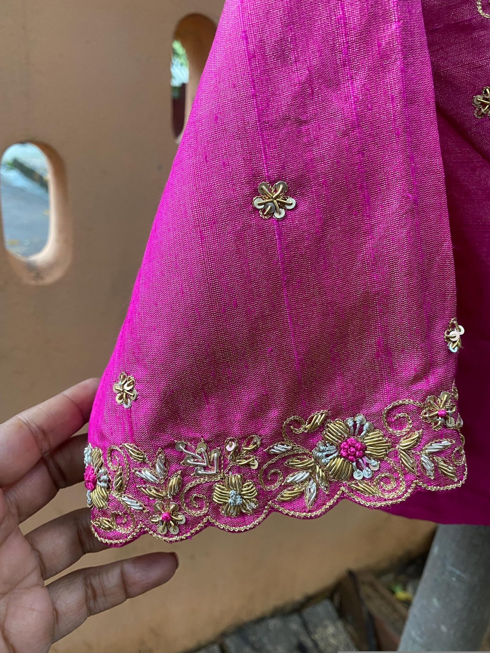 Pink Hand Embroidered Silk Blouse: Zardosi Saree Crop Top