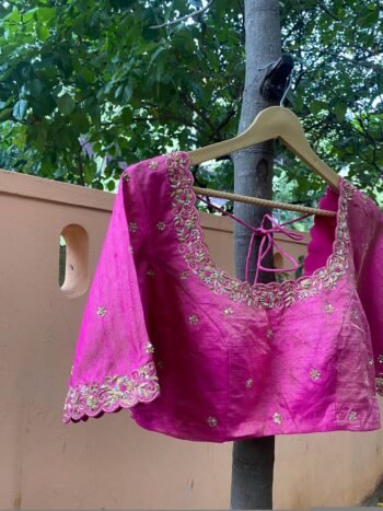 Pink Hand Embroidered Silk Blouse: Zardosi Saree Crop Top