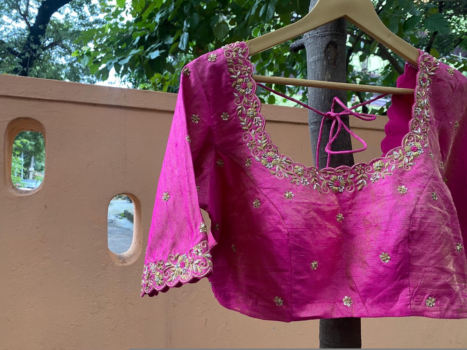 Pink Hand Embroidered Silk Blouse: Zardosi Saree Crop Top