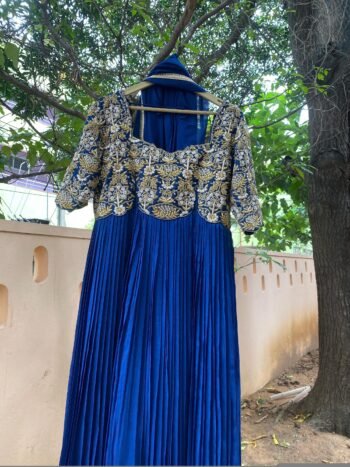 Hand Embroidered Zardosi Anarkali Suit: Navy Blue Indian Dress with Dupatta