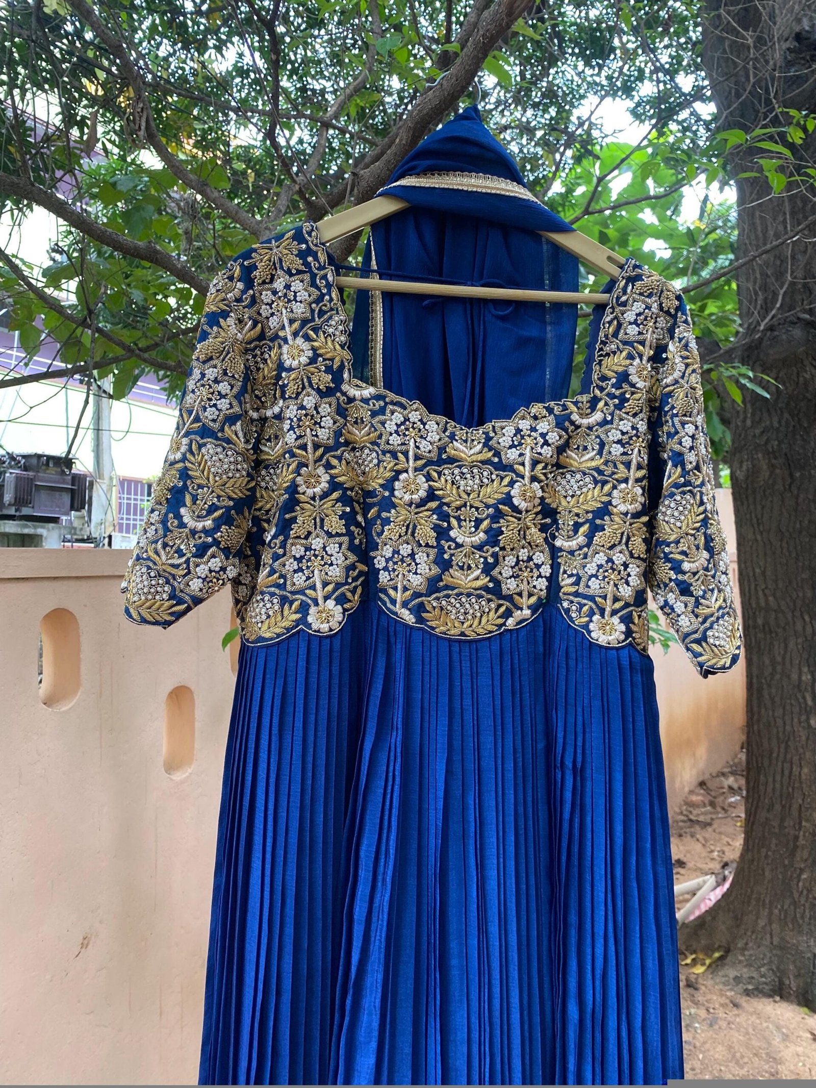 Hand Embroidered Zardosi Anarkali Suit: Navy Blue Indian Dress with Dupatta