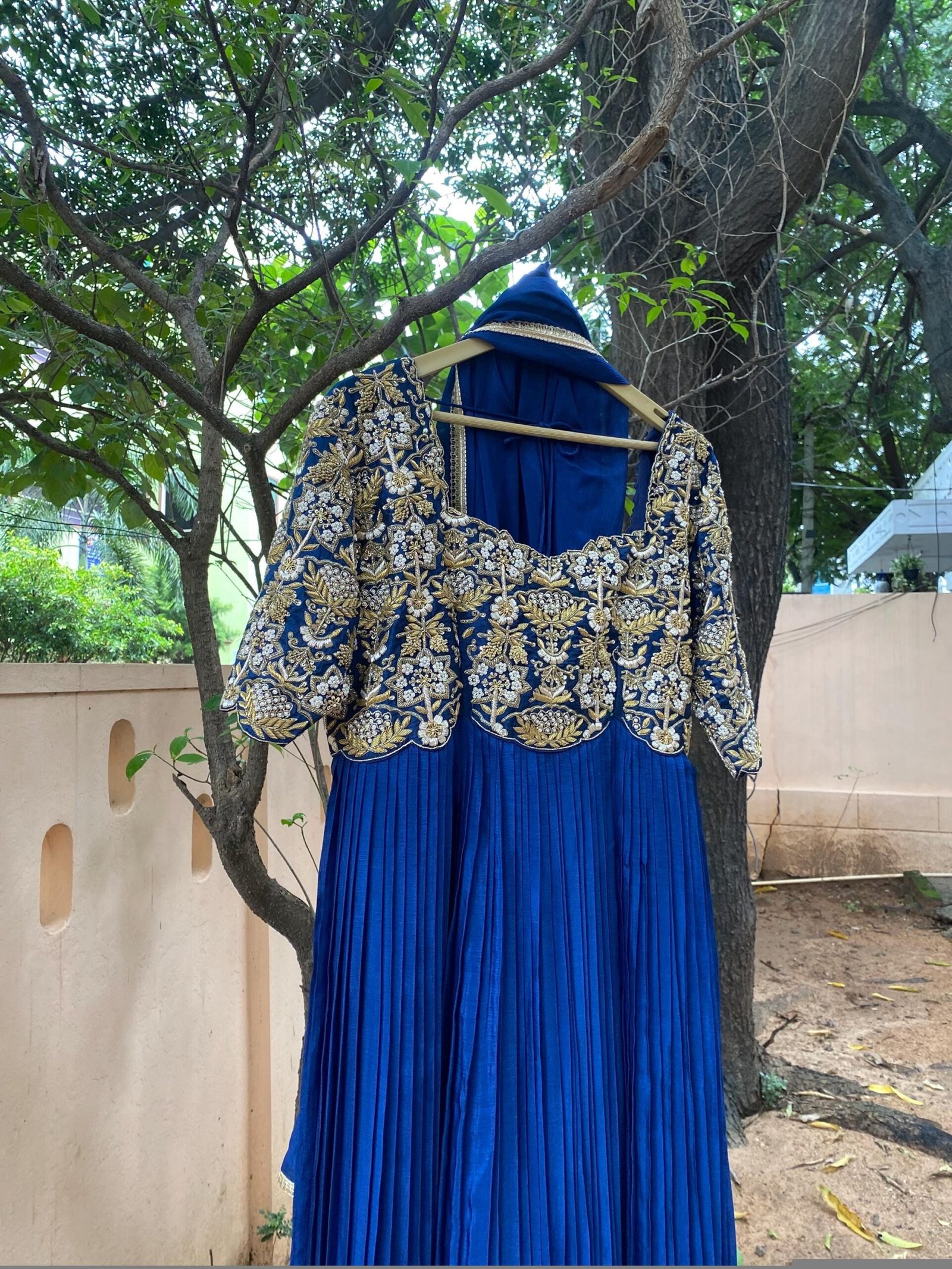Hand Embroidered Zardosi Anarkali Suit: Navy Blue Indian Dress with Dupatta