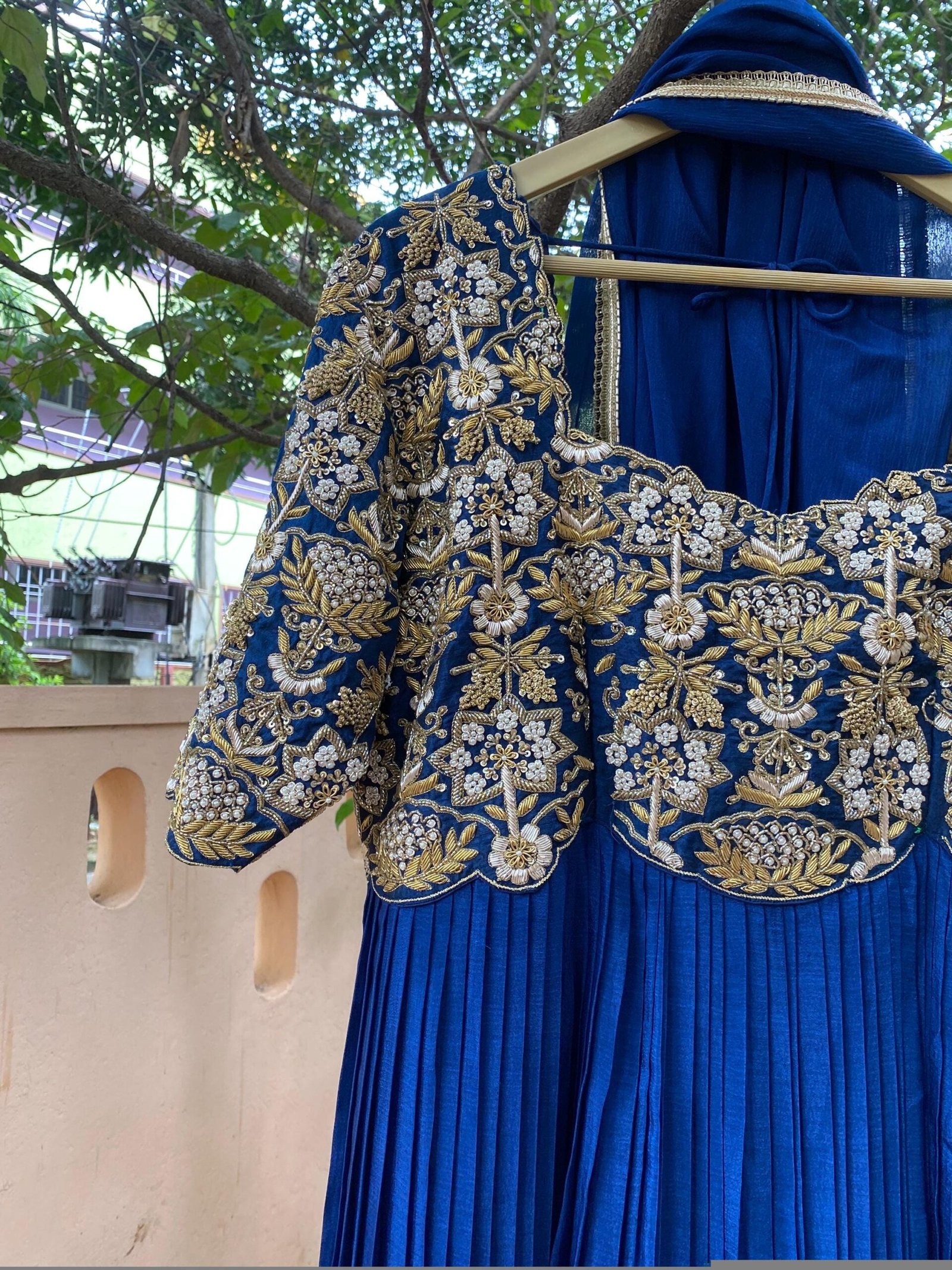 Hand Embroidered Zardosi Anarkali Suit: Navy Blue Indian Dress with Dupatta