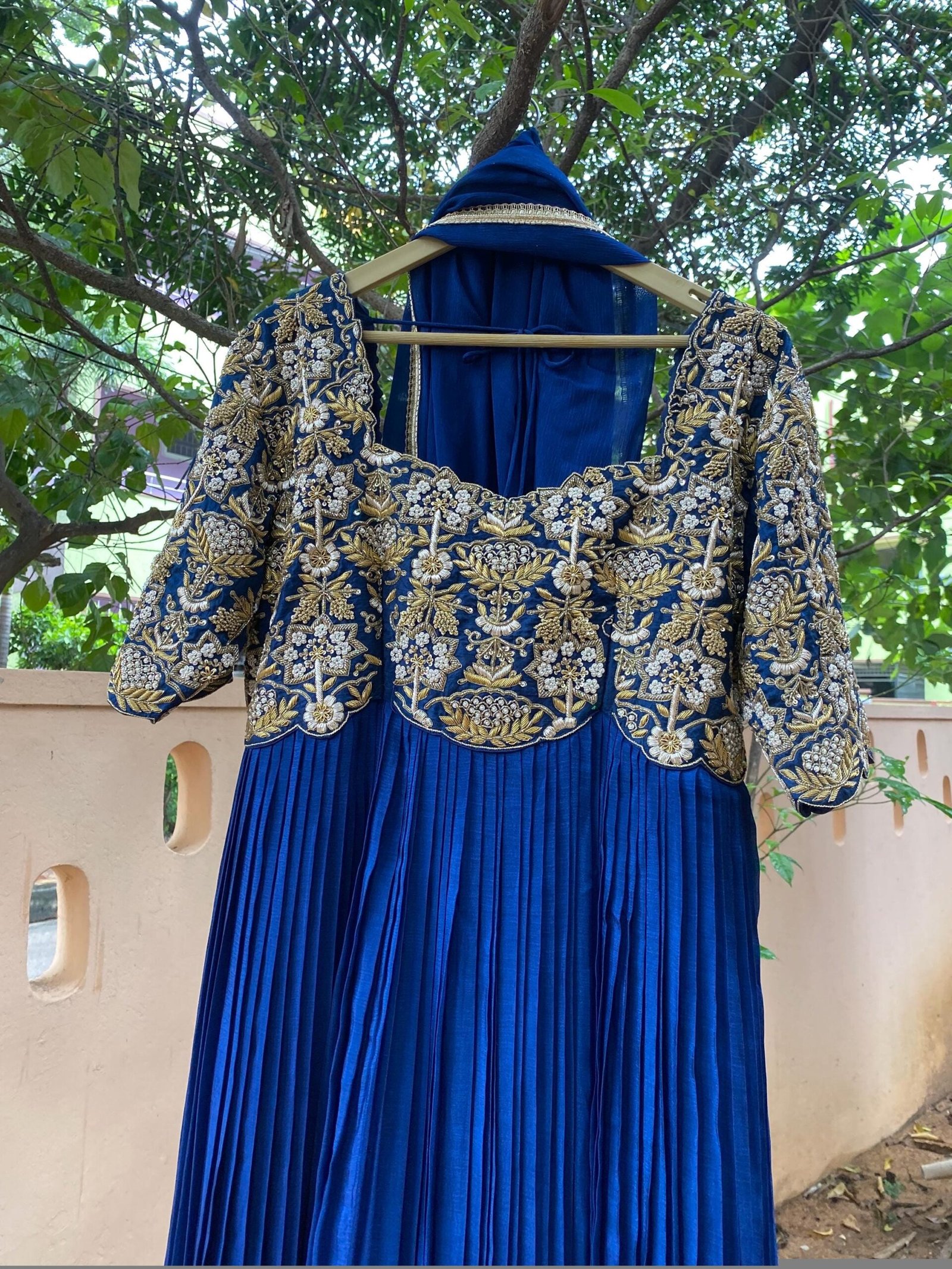 Hand Embroidered Zardosi Anarkali Suit: Navy Blue Indian Dress with Dupatta