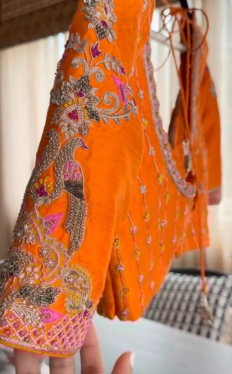 Hand Embroidered Zardosi Silk Blouse/Orange Maggam Work,hand work blouse,plus size blouses ,orange saree blouse,mix and match blouse USA