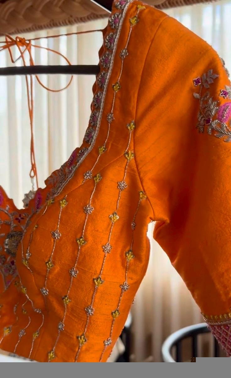 Hand Embroidered Zardosi Silk Blouse/Orange Maggam Work,hand work blouse,plus size blouses ,orange saree blouse,mix and match blouse USA