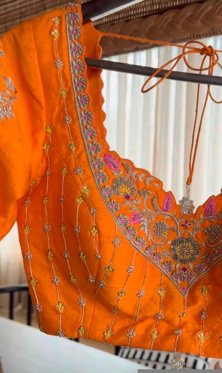 Hand Embroidered Zardosi Silk Blouse/Orange Maggam Work,hand work blouse,plus size blouses ,orange saree blouse,mix and match blouse USA