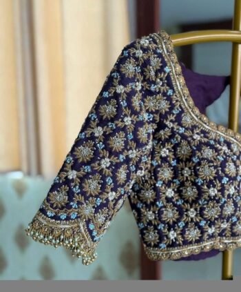 Hand Embroidered Purple Silk Saree Blouse: Zardosi Wedding Crop Top