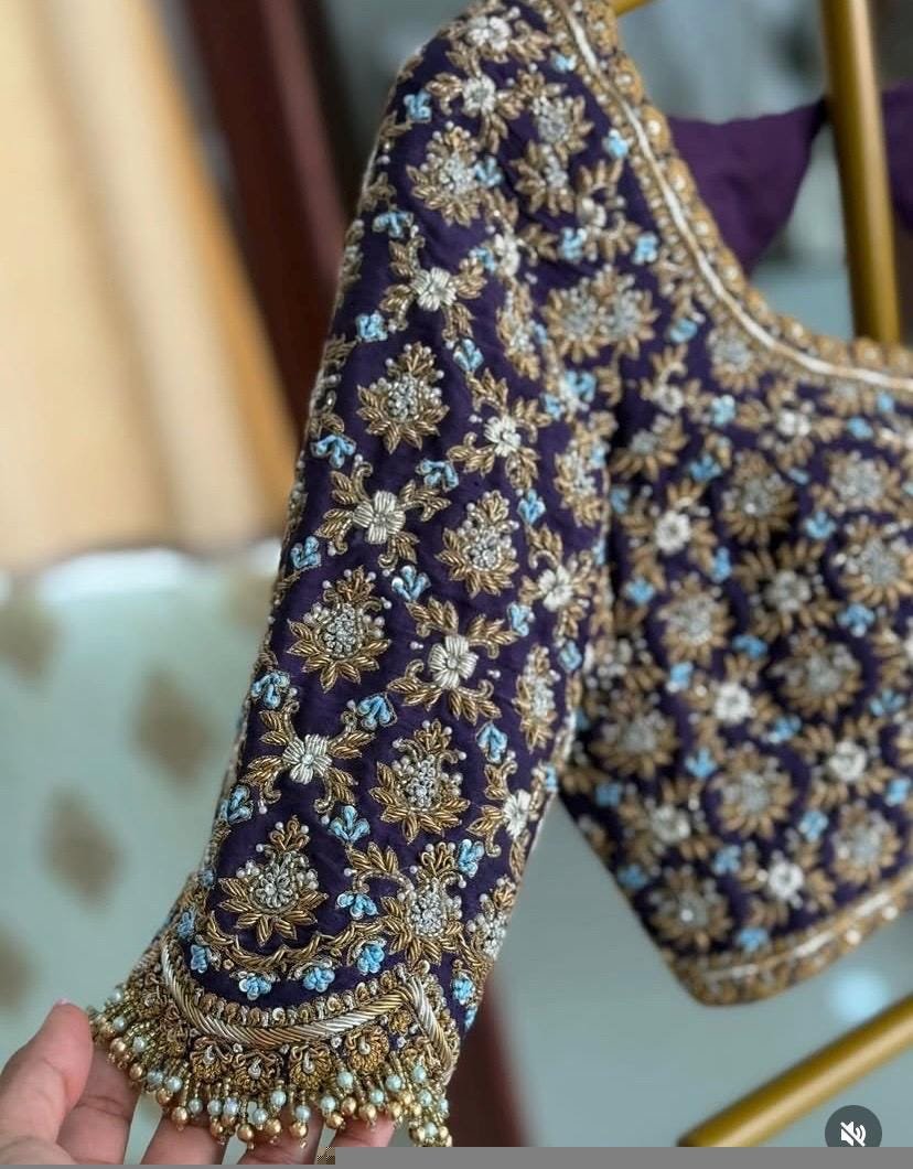 Hand Embroidered Purple Silk Saree Blouse: Zardosi Wedding Crop Top