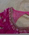 Hand Embroidered Velvet Saree Blouse: Pink Zardosi Maggam Work