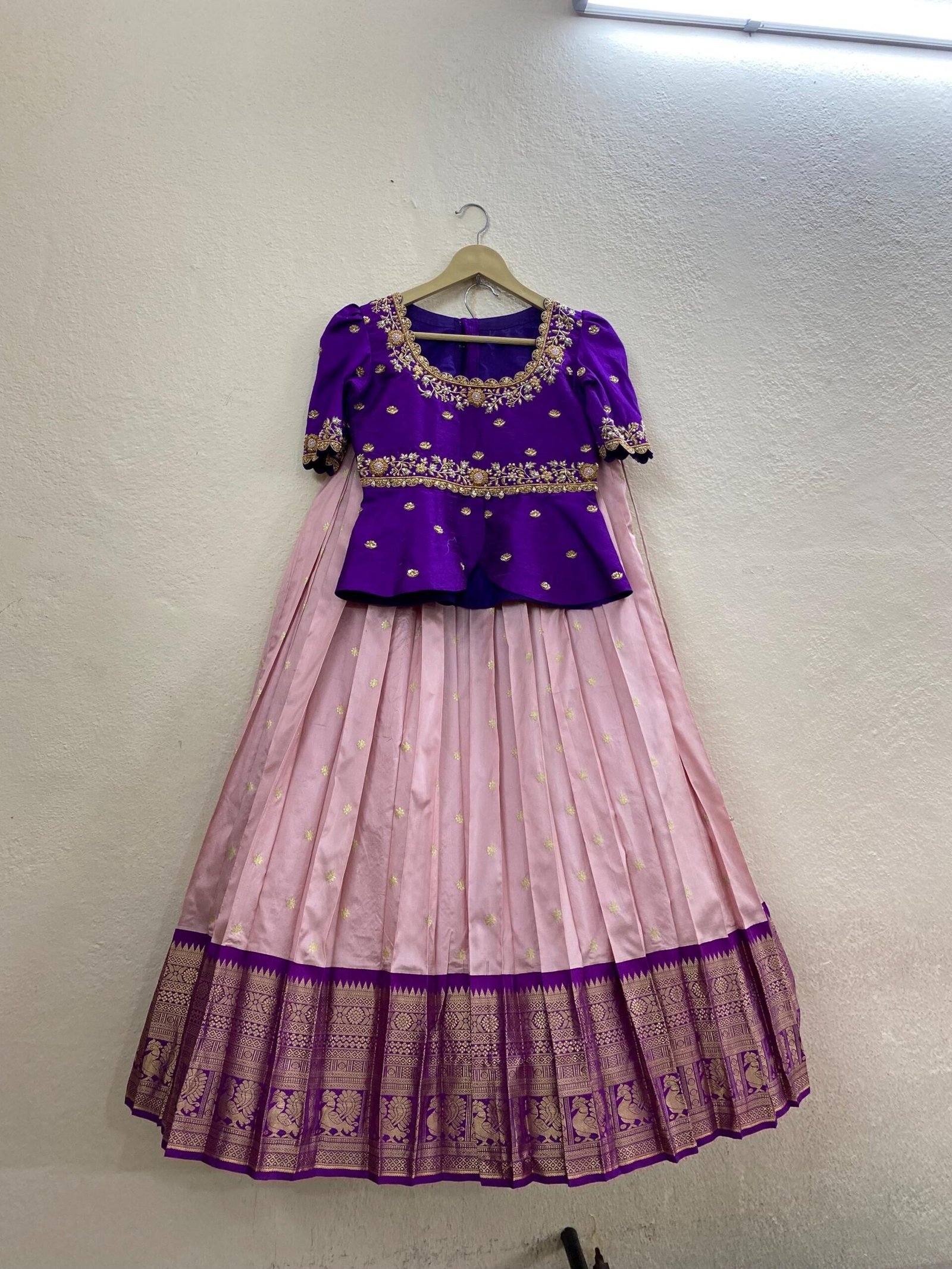 Handloom Kanjeevaram Silk Lehenga Set: Embroidered Peplum Top, Indian Wedding Dress