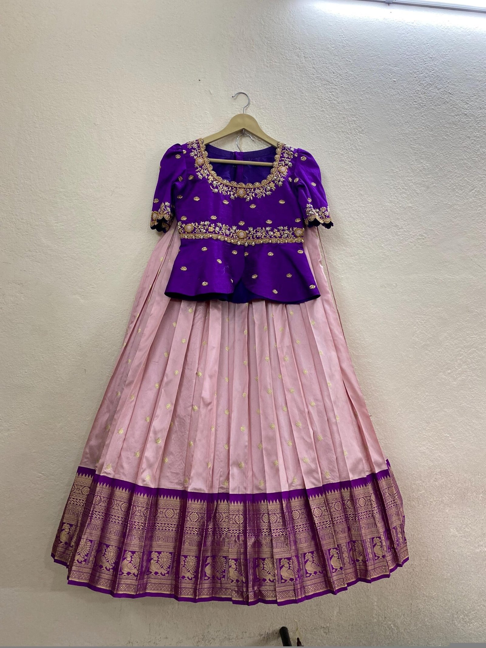 Handloom Kanjeevaram Silk Lehenga Set: Embroidered Peplum Top, Indian Wedding Dress