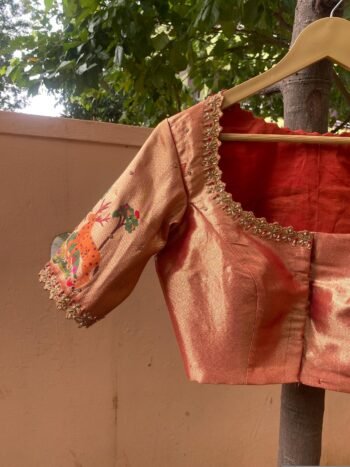 pure silk hand embroidery blouse/elbow sleeve maggam blouse/paithani zardosi blouse/hand embroidered blouse/red Paithani ready made blouse