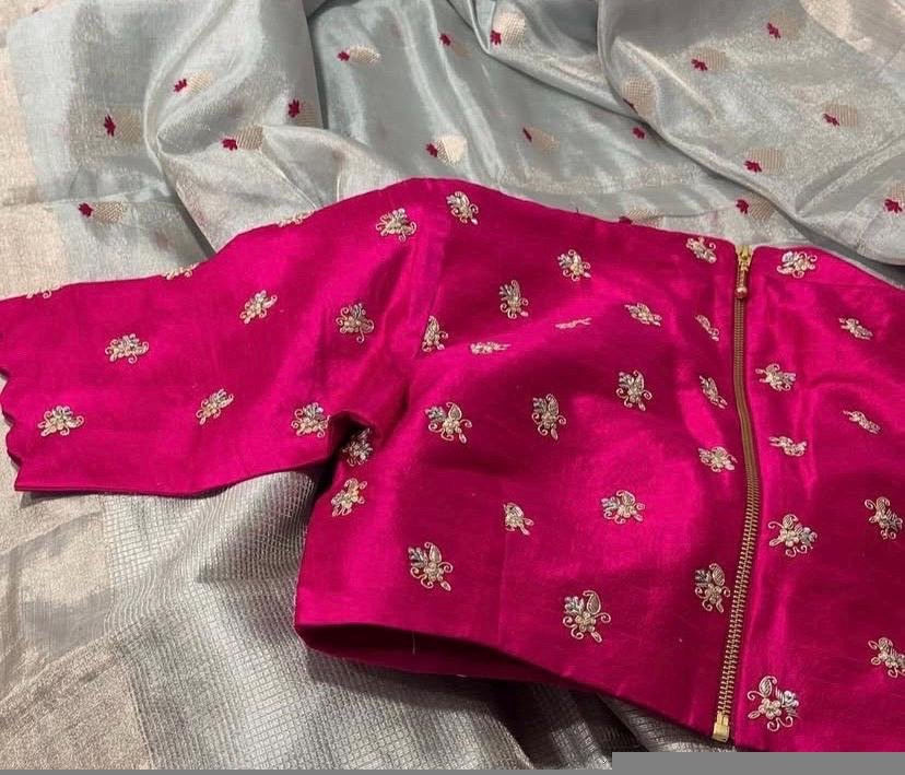 Hand Embroidered Silk Zardosi Blouse: Magenta Pink Maggam Work