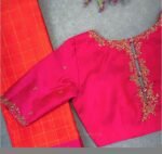 Hand Embroidered Zardosi Silk Blouse: Pink Maggam, Elbow Sleeve