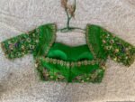 Hand Embroidered Raw Silk Blouse: Zardosi Parrot Green Saree Top