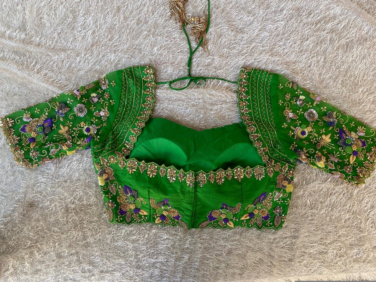 Hand Embroidered Raw Silk Blouse: Zardosi Parrot Green Saree Top