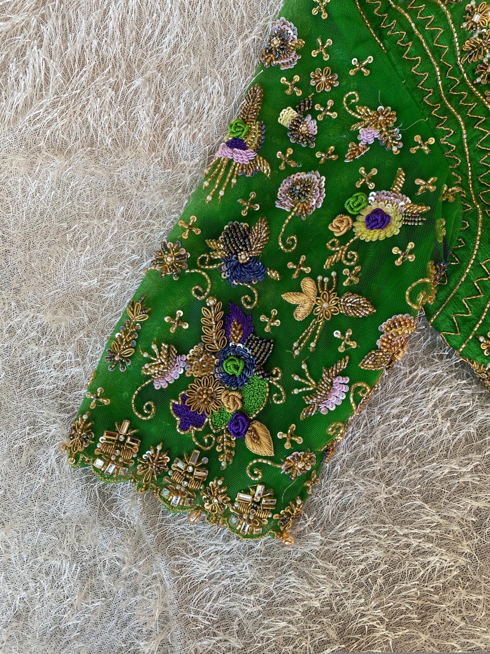 Hand Embroidered Raw Silk Blouse: Zardosi Parrot Green Saree Top