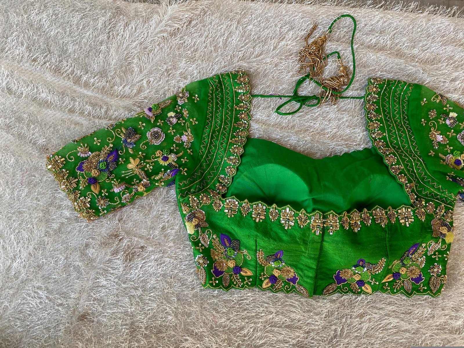 Hand Embroidered Raw Silk Blouse: Zardosi Parrot Green Saree Top