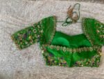 Hand Embroidered Raw Silk Blouse: Zardosi Parrot Green Saree Top