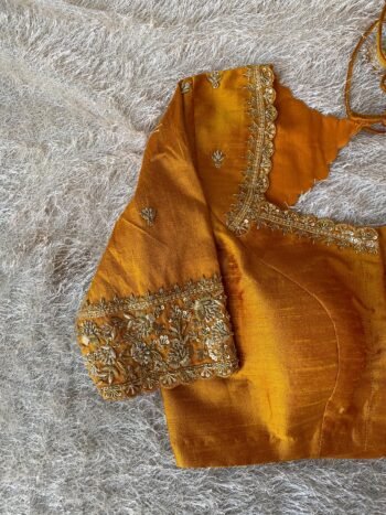 Hand Embroidered Silk Saree Blouse: Zardosi Maggam Work, Orange,