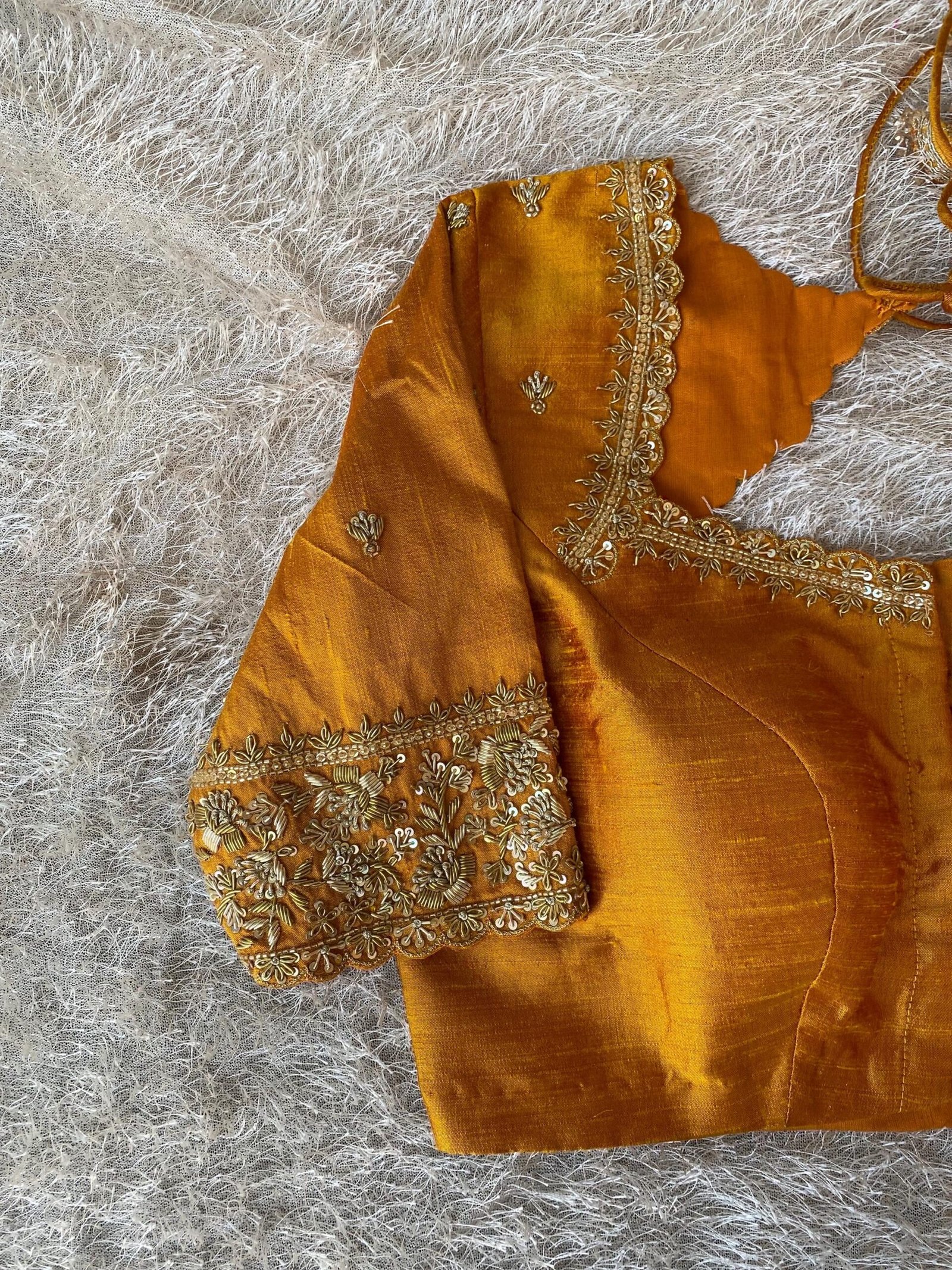 Hand Embroidered Silk Saree Blouse: Zardosi Maggam Work, Orange, USA