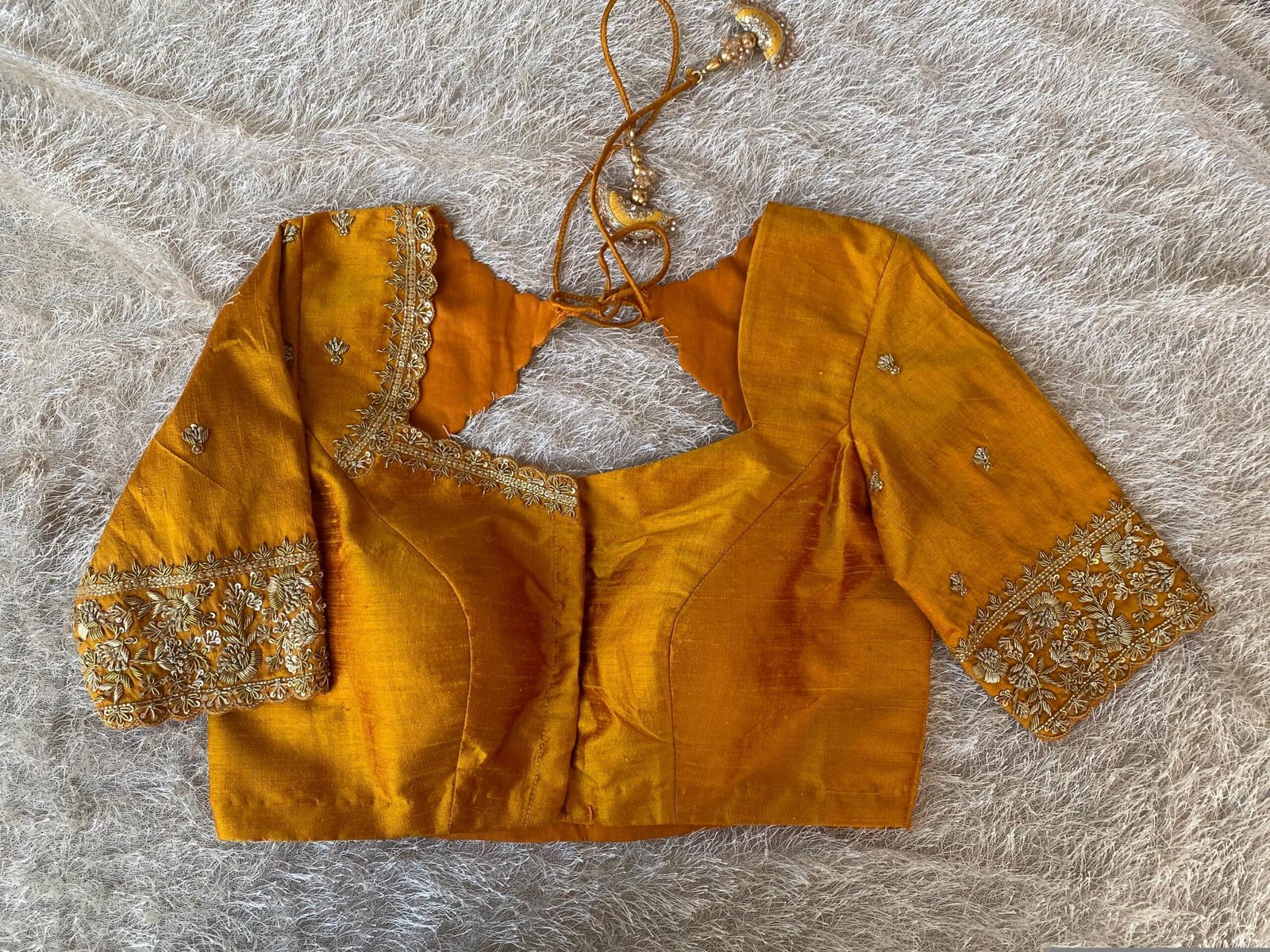 Hand Embroidered Silk Saree Blouse: Zardosi Maggam Work, Orange, USA