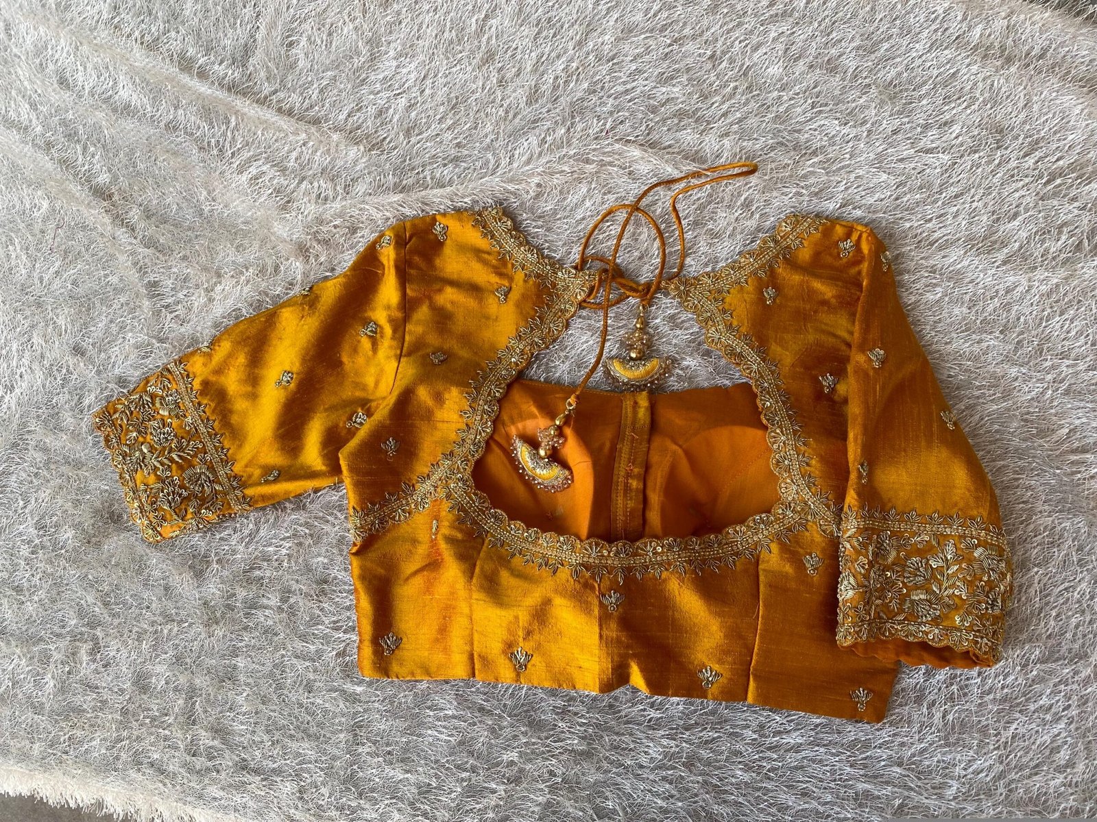 Hand Embroidered Silk Saree Blouse: Zardosi Maggam Work, Orange, USA