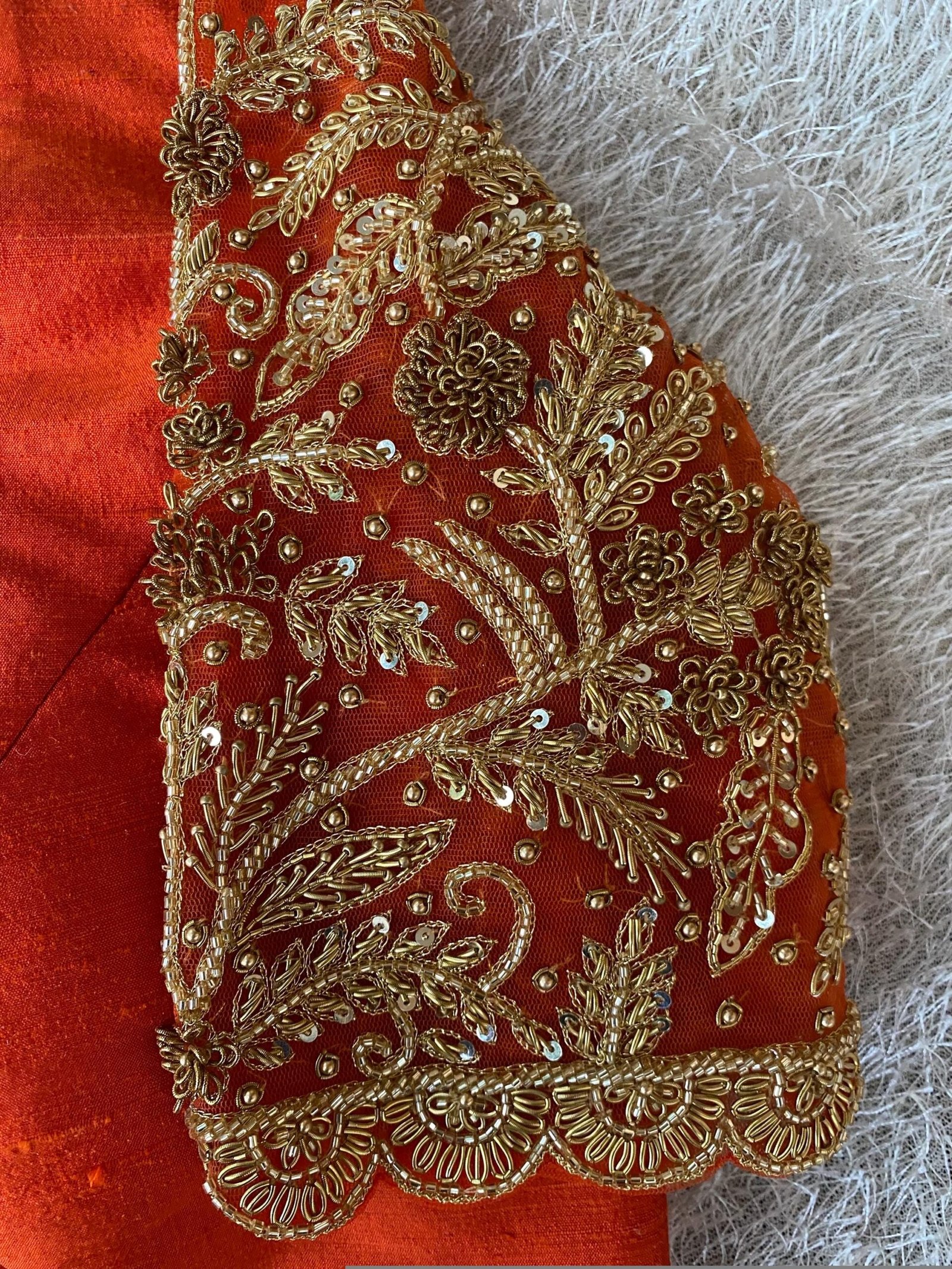 Orange Raw Silk Zardosi Blouse: Hand Embroidered Saree Top