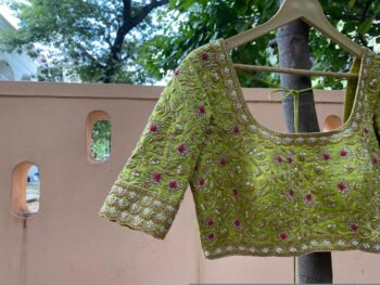 Hand Embroidered Silk Bridal Blouse: Green Zardosi Maggam Work