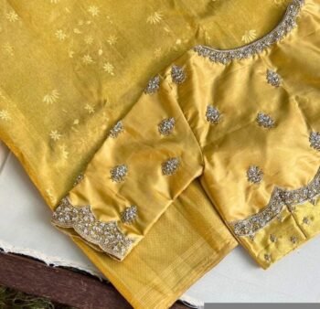 Hand Embroidered Silk Saree Blouse: Yellow Zardosi Maggam Work