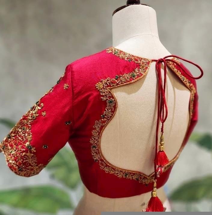Hand Embroidered Pure Silk Bridal Blouse: Red Zardosi Maggam Work, red saree blouse,handwork blouse,maggam work blouse,mix and match blouse