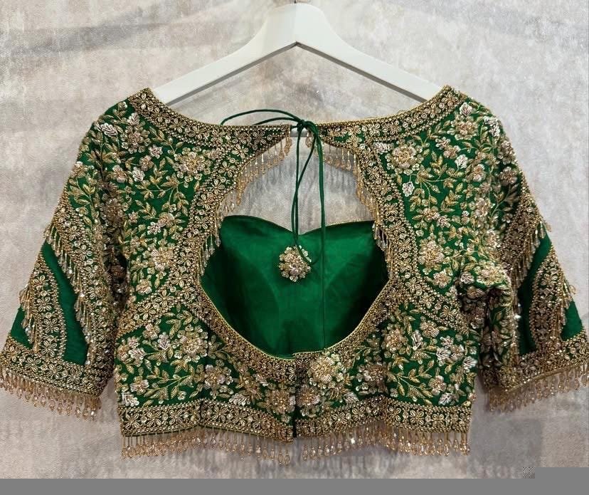 Hand Embroidered Green Silk Bridal Blouse: Zardosi Wedding Crop Top