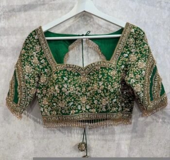 Hand Embroidered Green Silk Bridal Blouse: Zardosi Wedding Crop Top