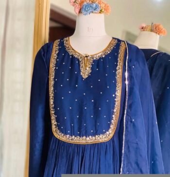 Hand Embroidered Chanderi Silk Anarkali Suit: Royal Blue Indian Dress