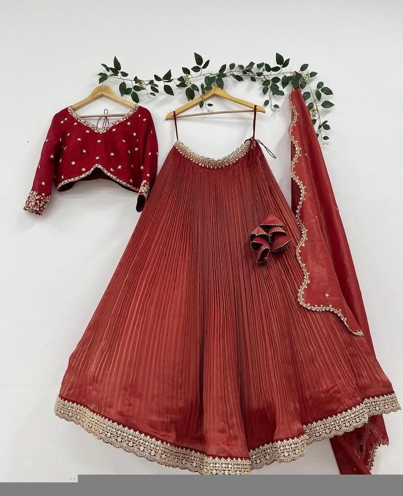 Hand Embroidered Kalamkari Lehenga Set: Red Silk Crop Top, Tissue Dupatta, half saree lehenga, teens Lehenga,tissue lehenga set,wedding dres
