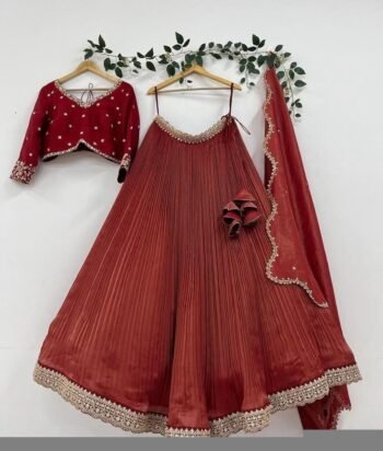 Hand Embroidered Kalamkari Lehenga Set: Red Silk Crop Top, Tissue Dupatta, half saree lehenga, teens Lehenga,tissue lehenga set,wedding dres