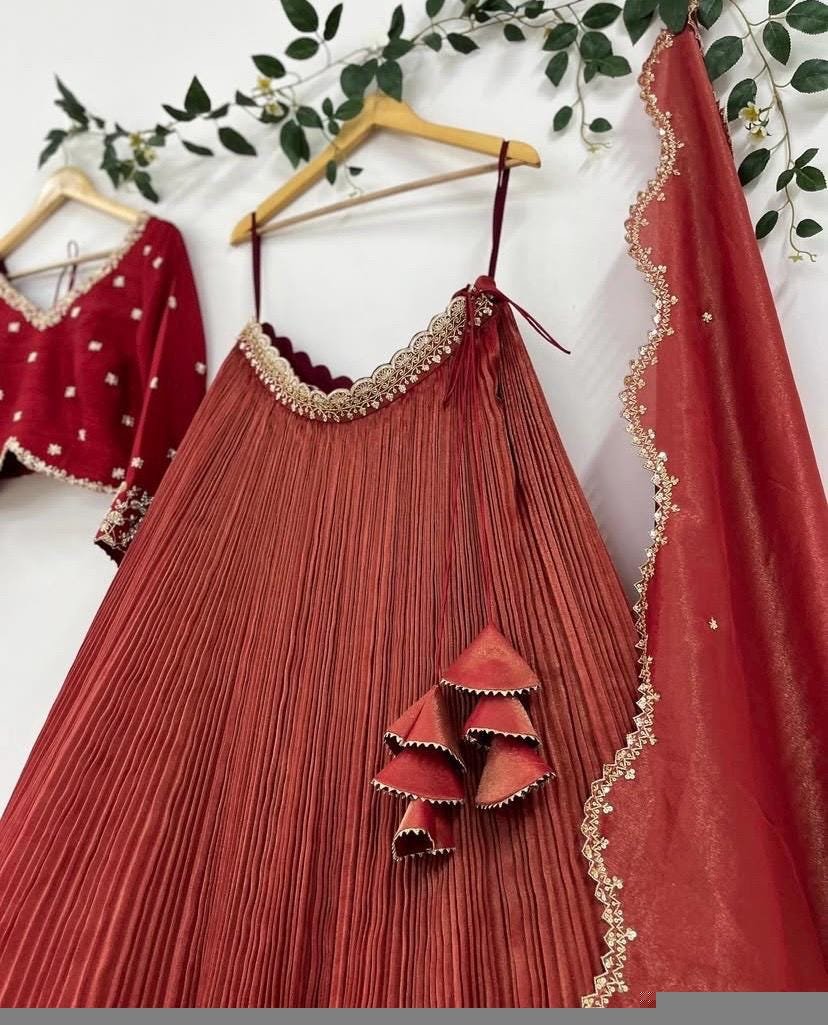Hand Embroidered Kalamkari Lehenga Set: Red Silk Crop Top, Tissue Dupatta, half saree lehenga, teens Lehenga,tissue lehenga set,wedding dres