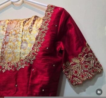 Red Silk Hand-Embroidered Saree Blouse: Zardosi Cutwork, Elbow Sleeve
