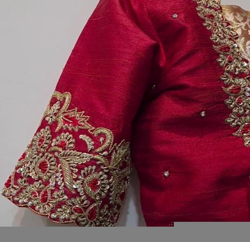Red Silk Hand-Embroidered Saree Blouse: Zardosi Cutwork, Elbow Sleeve
