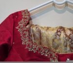 Red Silk Hand-Embroidered Saree Blouse: Zardosi Cutwork, Elbow Sleeve