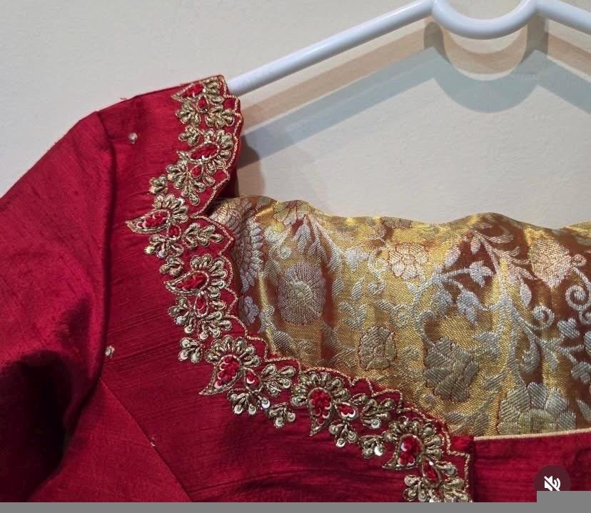 Red Silk Hand-Embroidered Saree Blouse: Zardosi Cutwork, Elbow Sleeve