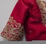 Red Silk Hand-Embroidered Saree Blouse: Zardosi Cutwork, Elbow Sleeve