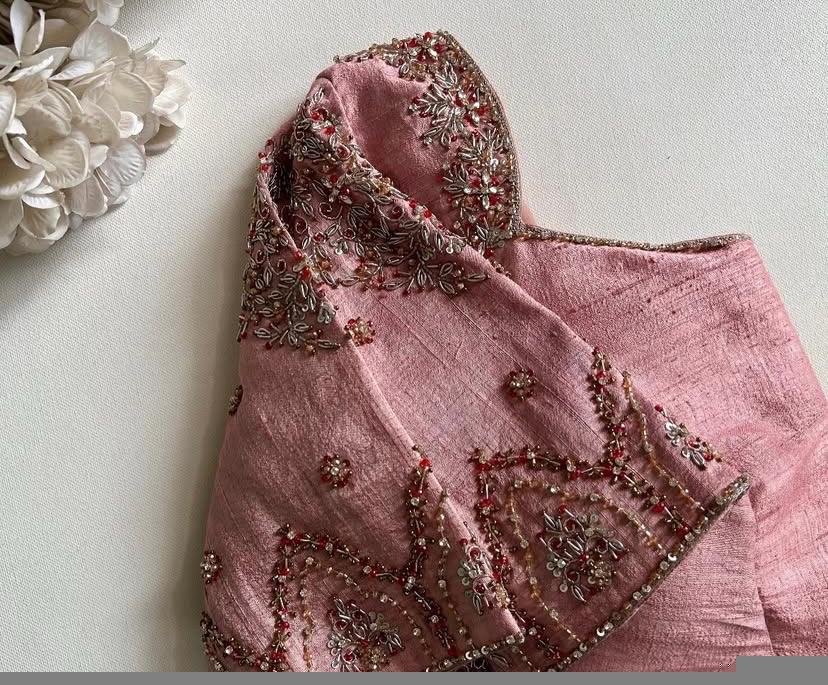 Hand Embroidered Silk Blouse: Light Pink Zardosi Crop Top