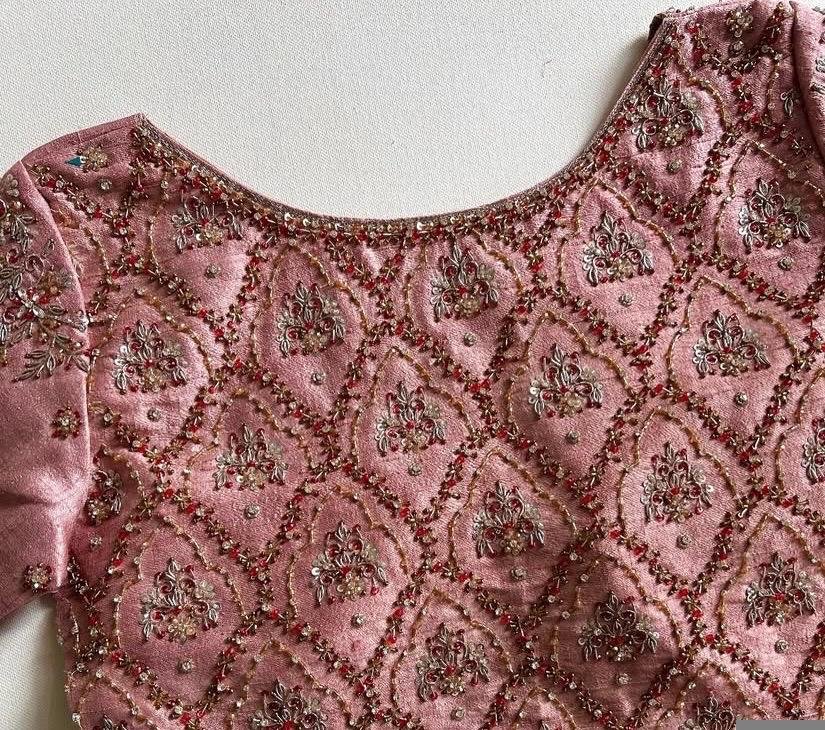 Hand Embroidered Silk Blouse: Light Pink Zardosi Crop Top
