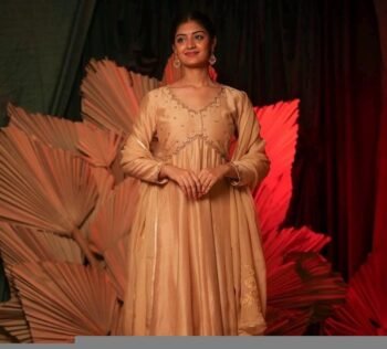 Hand Embroidered Tan Anarkali Suit: Chanderi Silk Indian Dress with Dupatta
