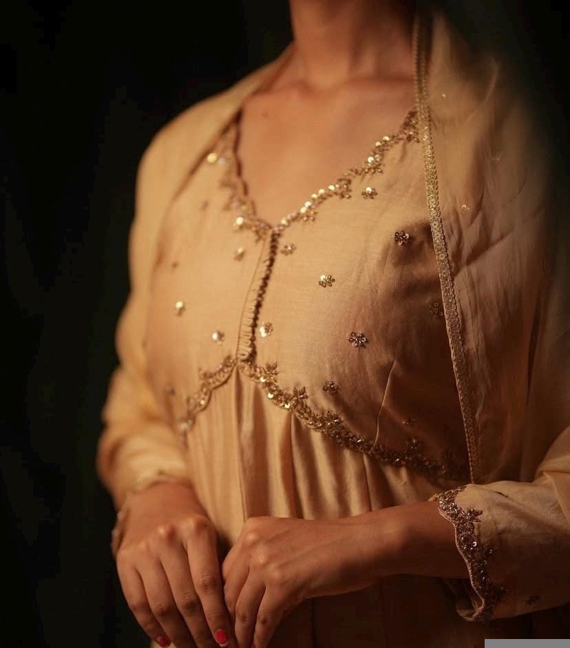 Hand Embroidered Tan Anarkali Suit: Chanderi Silk Indian Dress with Dupatta