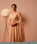 Hand Embroidered Tan Anarkali Suit: Chanderi Silk Indian Dress with Dupatta