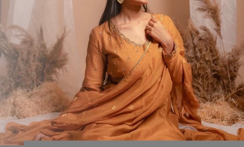 Hand Embroidered Orange Anarkali Suit with Dupatta: Chanderi Silk Indian Dress